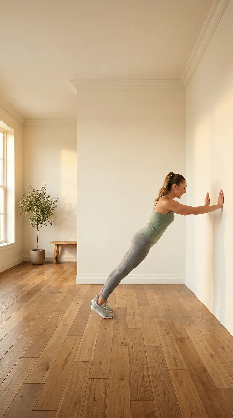 Woman practicing gentle wall pilates at home in a bright, warm space
